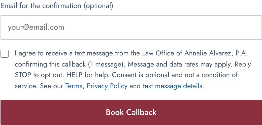 The callback form's optional text-message checkbox, unchecked