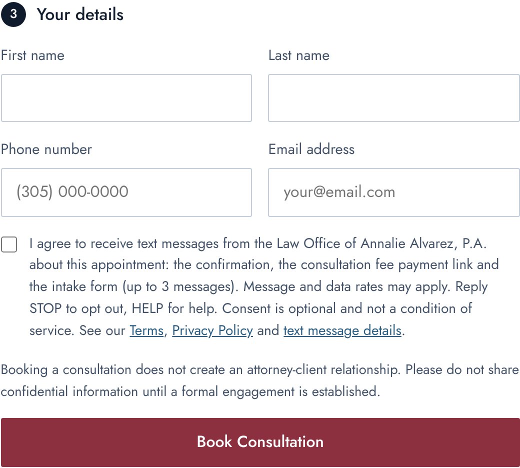The consultation form's optional text-message checkbox, unchecked, with the consent wording shown above