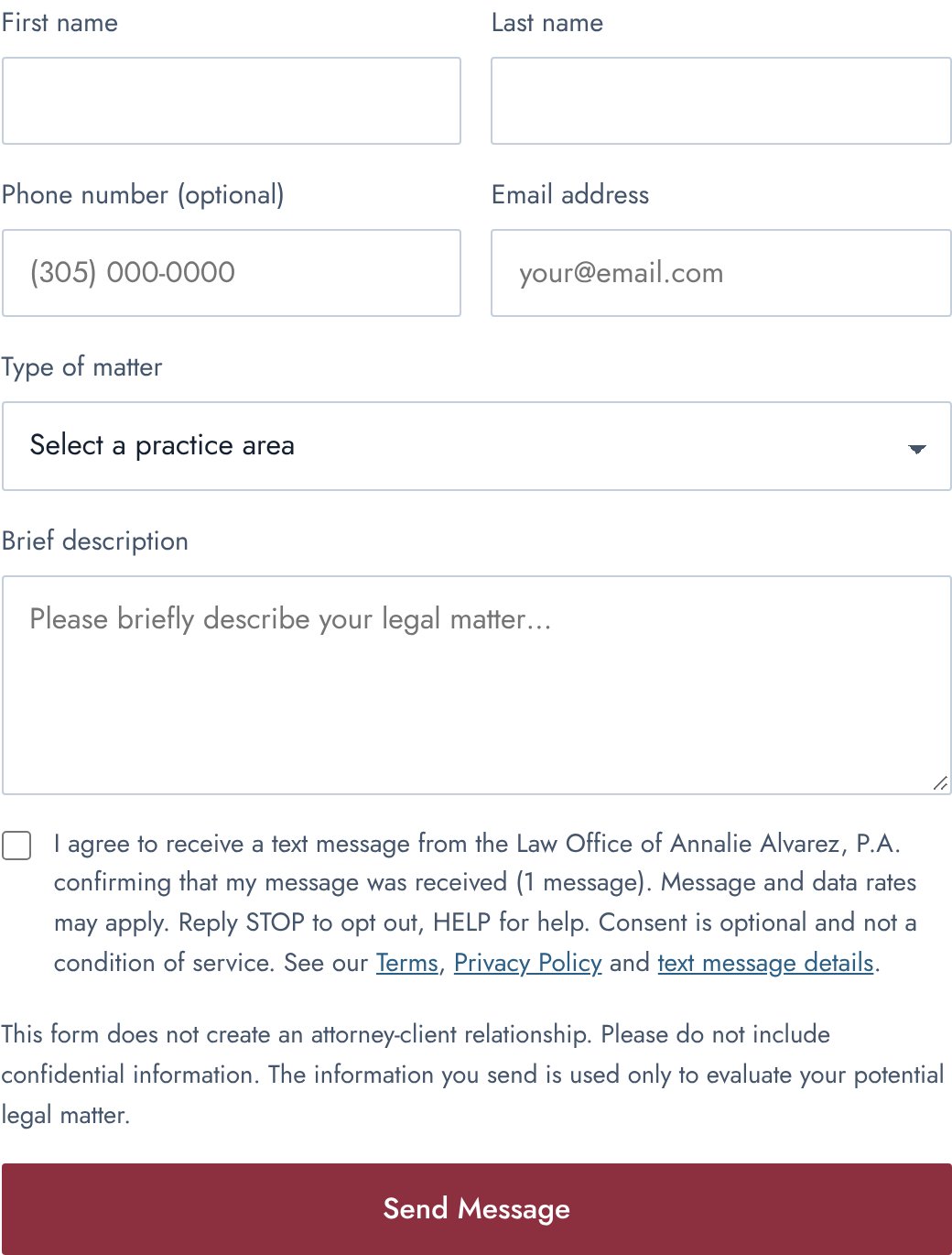 The contact form's optional text-message checkbox, unchecked